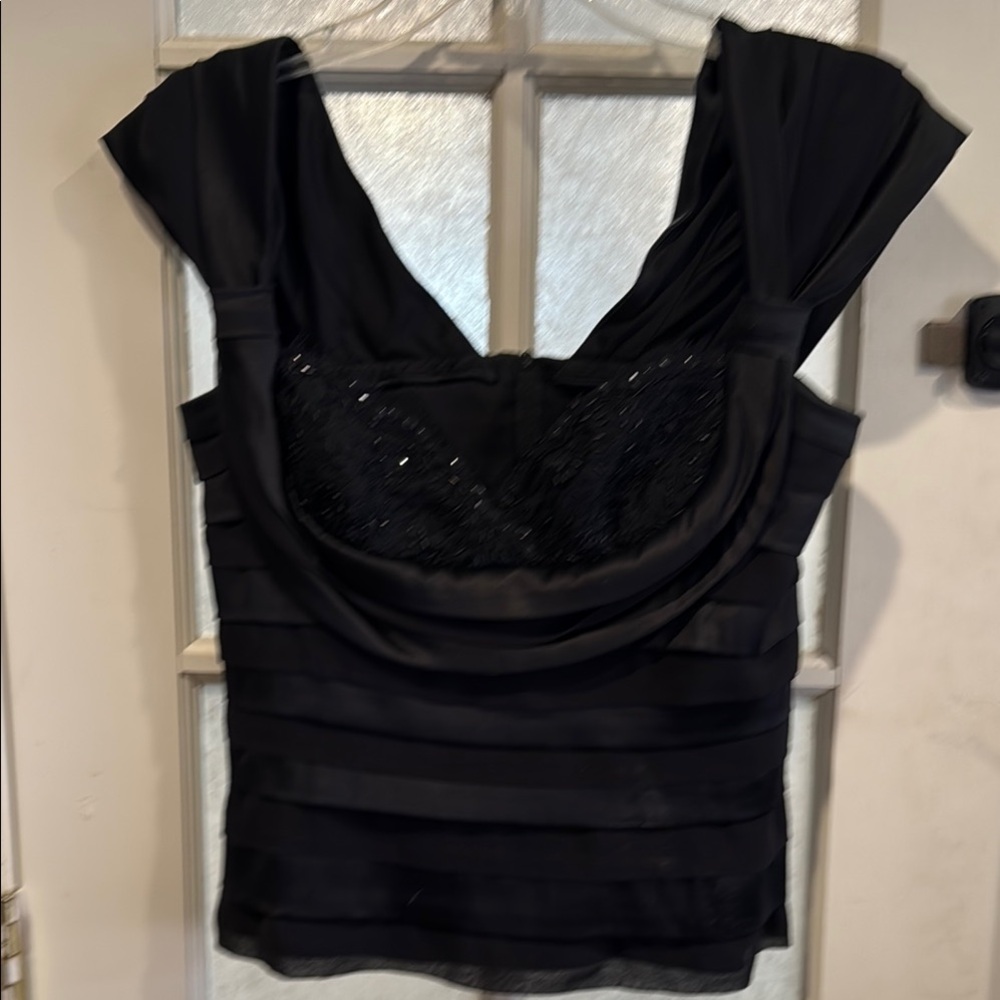 Tadashi Collection Silk Black Embellished Bustier Cap Sleeve Blouse
